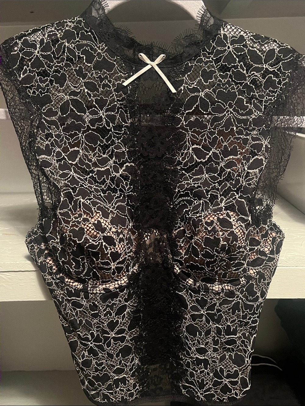 VS vintage rare top. New with tags. Black Lace High-Neck Bustier with Ivory Bow